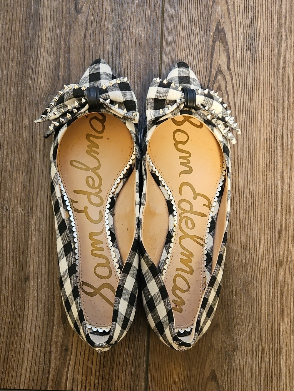 Sam Edelman Raisa Black & White Gingham Pointed-Toe Bow Flats with Studs